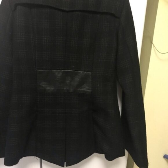 MACKAGE Plaid Check Bell Sleeves Wool Coat Jacket Leather Pockets Lined Collar L - Picture 8 of 13